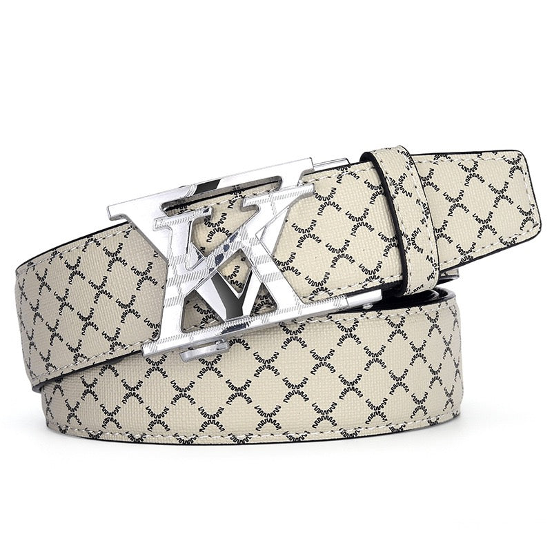 Luxury Letter Automatic Buckle Men's Belt, Classic Monogram Embossed Business Casual Versatile Waist Strap