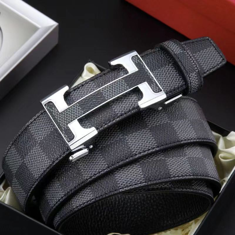Luxury Plaid Pattern Automatic Buckle Men's Belt, Business Casual Versatile Checkerboard Waist Strap, Ideal Gift Trouser Belt