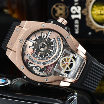 Edgy Skeleton Tourbillon Men's Mechanical Watch, Unique Large Dial Waterproof Rubber Strap Wristwatch, Niche Design Sporty Timepiece