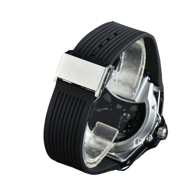 Edgy Skeleton Tourbillon Men's Mechanical Watch, Unique Large Dial Waterproof Rubber Strap Wristwatch, Niche Design Sporty Timepiece