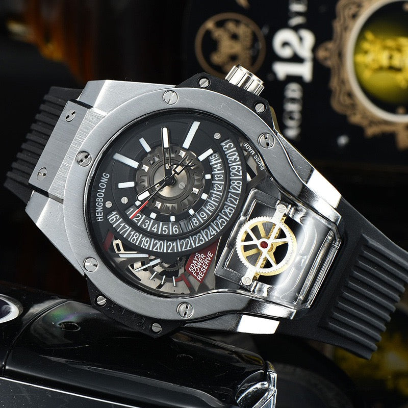 Edgy Skeleton Tourbillon Men's Mechanical Watch, Unique Large Dial Waterproof Rubber Strap Wristwatch, Niche Design Sporty Timepiece