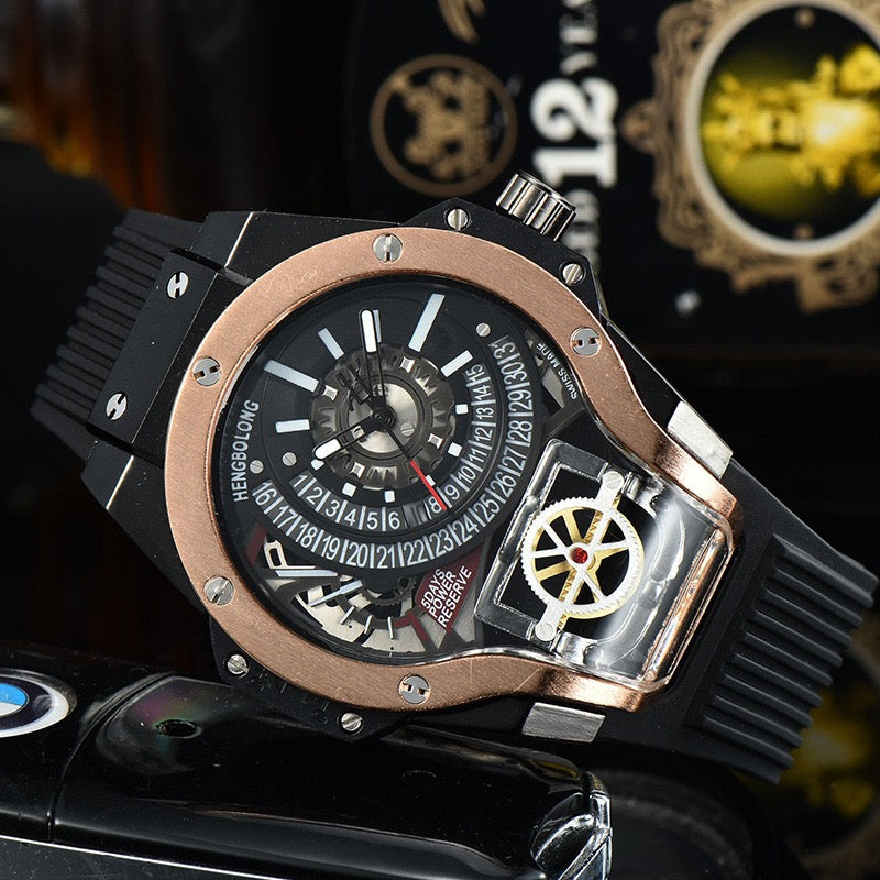 Edgy Skeleton Tourbillon Men's Mechanical Watch, Unique Large Dial Waterproof Rubber Strap Wristwatch, Niche Design Sporty Timepiece
