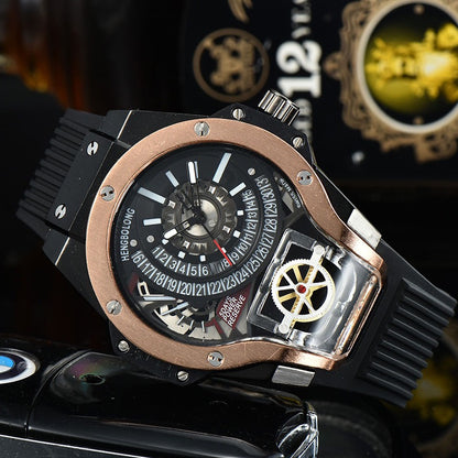 Edgy Skeleton Tourbillon Men's Mechanical Watch, Unique Large Dial Waterproof Rubber Strap Wristwatch, Niche Design Sporty Timepiece