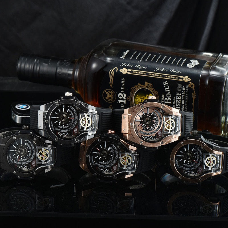 Edgy Skeleton Tourbillon Men's Mechanical Watch, Unique Large Dial Waterproof Rubber Strap Wristwatch, Niche Design Sporty Timepiece