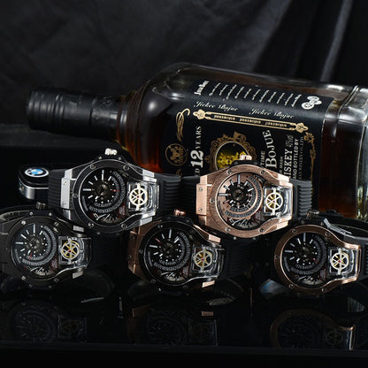 Edgy Skeleton Tourbillon Men's Mechanical Watch, Unique Large Dial Waterproof Rubber Strap Wristwatch, Niche Design Sporty Timepiece