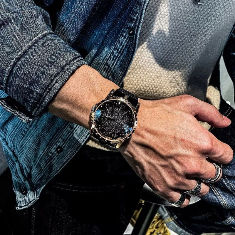 Luxury Round Table Knight Men's Mechanical Watch, Unique Hollow-Carved Waterproof Wristwatch, Niche Design Leather Strap Watch