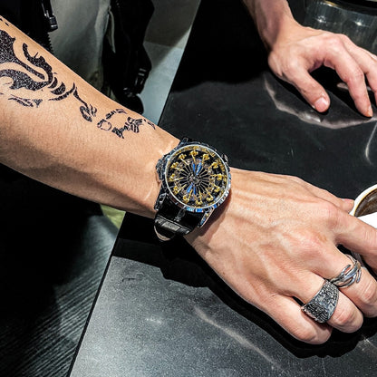 Luxury Round Table Knight Men's Mechanical Watch, Unique Hollow-Carved Waterproof Wristwatch, Niche Design Leather Strap Watch