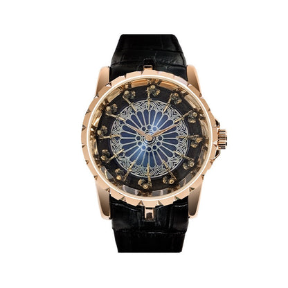 Luxury Round Table Knight Men's Mechanical Watch, Unique Hollow-Carved Waterproof Wristwatch, Niche Design Leather Strap Watch