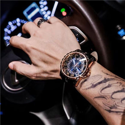 Luxury Round Table Knight Men's Mechanical Watch, Unique Hollow-Carved Waterproof Wristwatch, Niche Design Leather Strap Watch