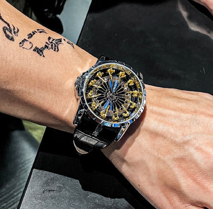 Luxury Round Table Knight Men's Mechanical Watch, Unique Hollow-Carved Waterproof Wristwatch, Niche Design Leather Strap Watch