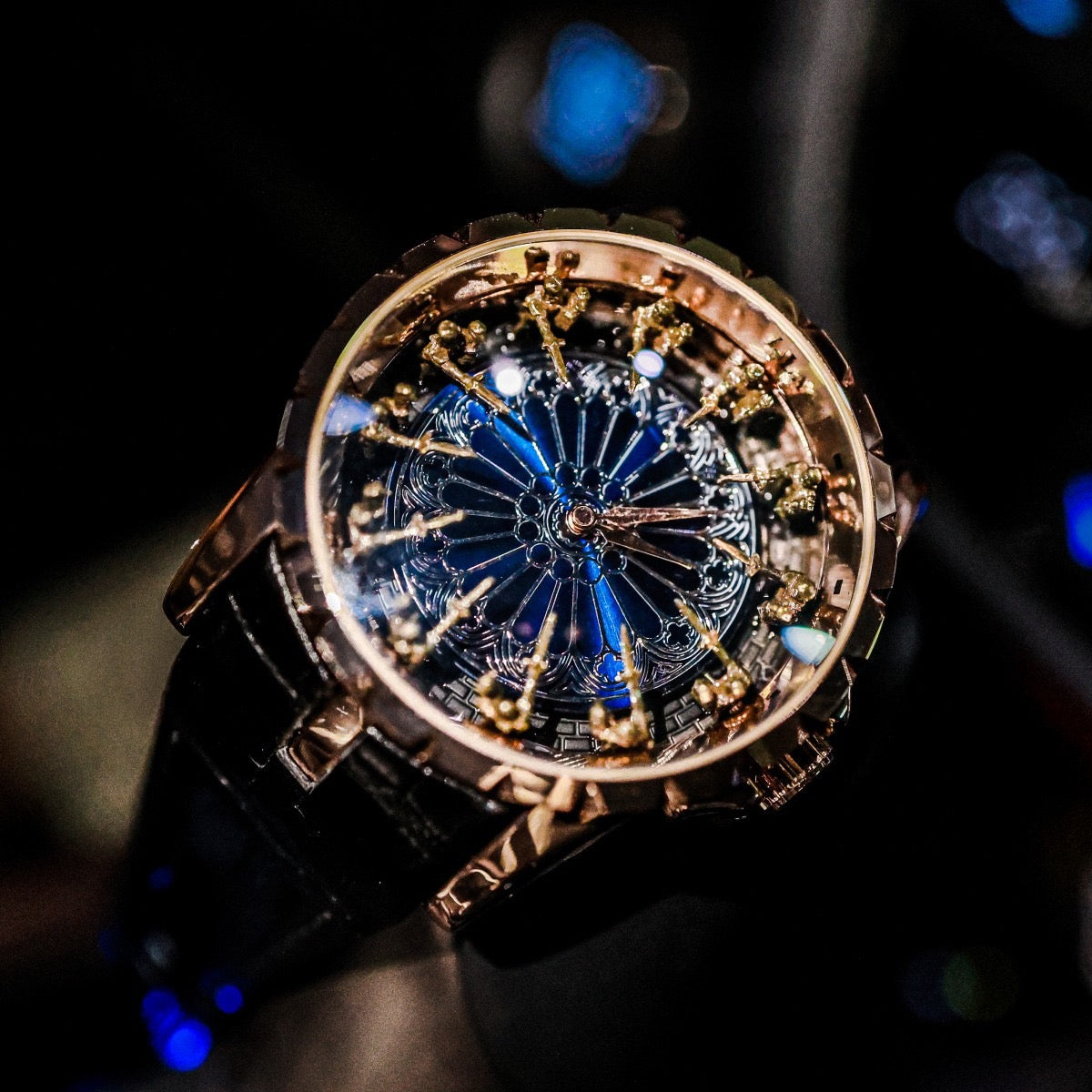 Luxury Round Table Knight Men's Mechanical Watch, Unique Hollow-Carved Waterproof Wristwatch, Niche Design Leather Strap Watch