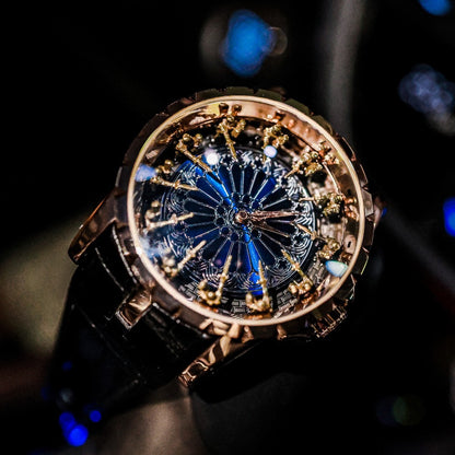 Luxury Round Table Knight Men's Mechanical Watch, Unique Hollow-Carved Waterproof Wristwatch, Niche Design Leather Strap Watch