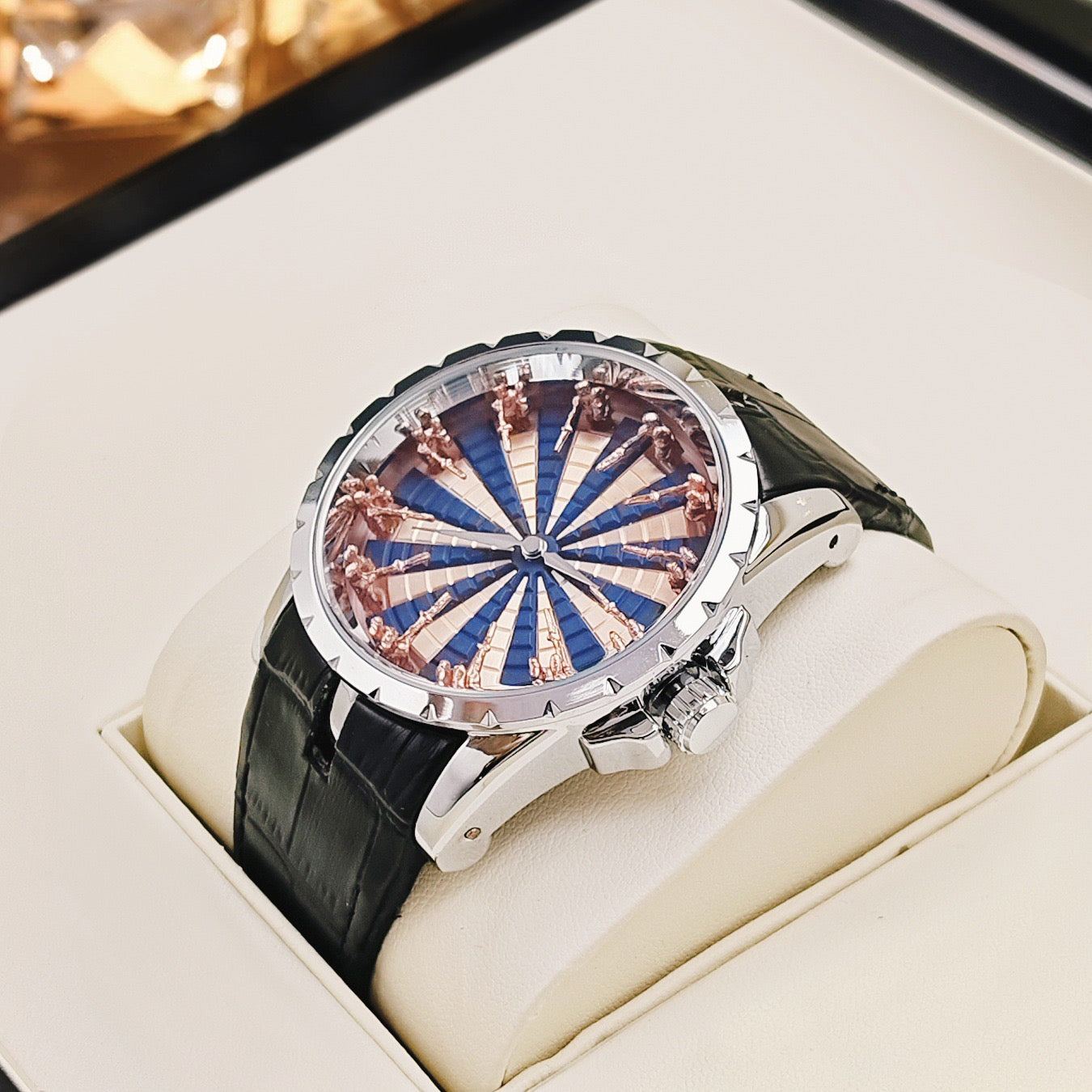 Luxury Round Table Knight Men's Mechanical Watch, Unique Hollow-Carved Waterproof Wristwatch, Niche Design Leather Strap Watch