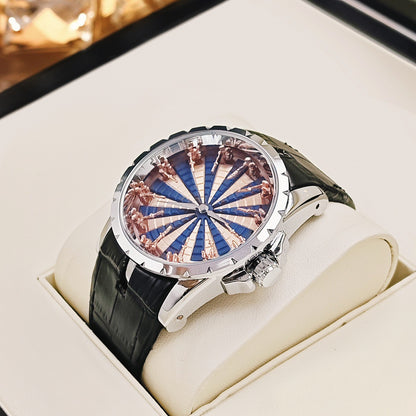 Luxury Round Table Knight Men's Mechanical Watch, Unique Hollow-Carved Waterproof Wristwatch, Niche Design Leather Strap Watch