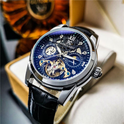 Luxury Sun-Moon-Star Skeleton Mechanical Watch, Men's Automatic Waterproof Wristwatch, Niche Design Business Leather Strap Watch