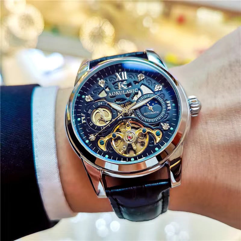 Luxury Sun-Moon-Star Skeleton Mechanical Watch, Men's Automatic Waterproof Wristwatch, Niche Design Business Leather Strap Watch