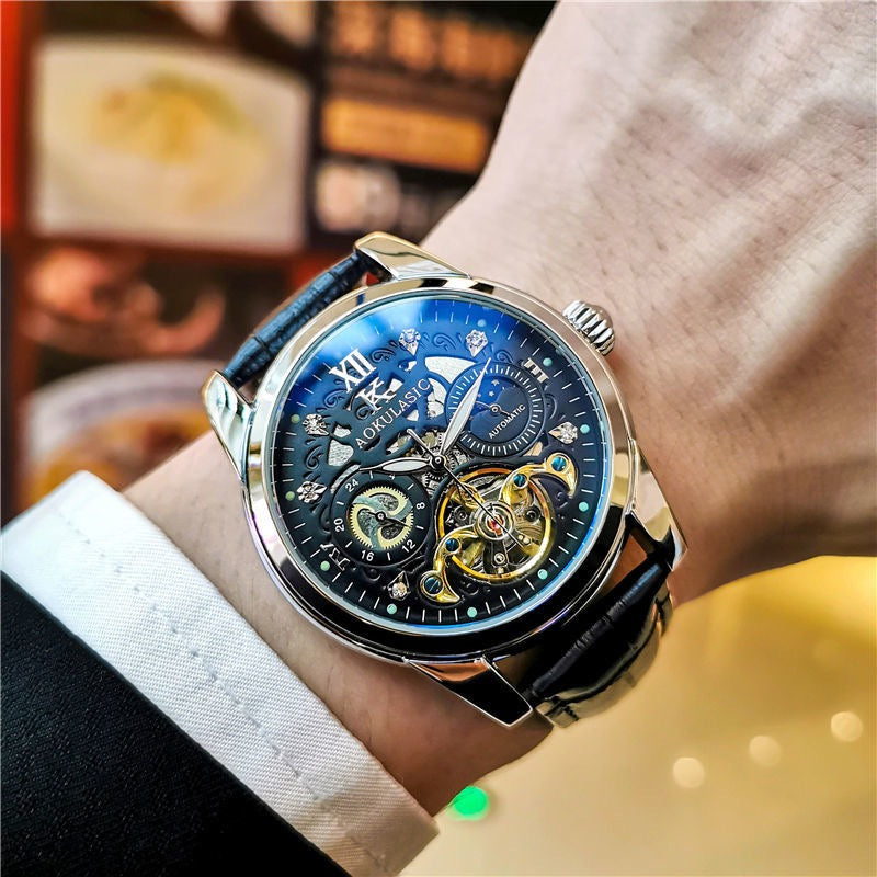 Luxury Sun-Moon-Star Skeleton Mechanical Watch, Men's Automatic Waterproof Wristwatch, Niche Design Business Leather Strap Watch