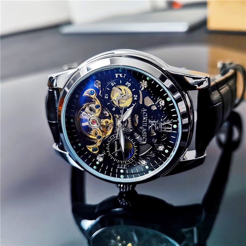 Luxury Sun-Moon-Star Skeleton Mechanical Watch, Men's Automatic Waterproof Wristwatch, Niche Design Business Leather Strap Watch