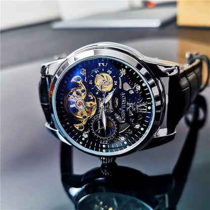 Luxury Sun-Moon-Star Skeleton Mechanical Watch, Men's Automatic Waterproof Wristwatch, Niche Design Business Leather Strap Watch