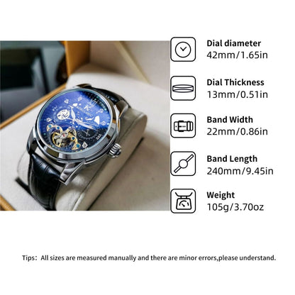 Luxury Sun-Moon-Star Skeleton Mechanical Watch, Men's Automatic Waterproof Wristwatch, Niche Design Business Leather Strap Watch