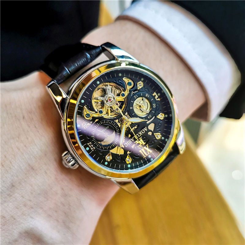 Luxury Sun-Moon-Star Skeleton Mechanical Watch, Men's Automatic Waterproof Wristwatch, Niche Design Business Leather Strap Watch
