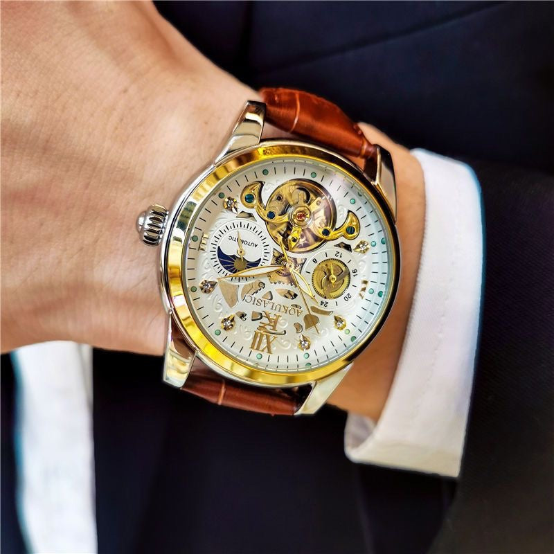 Luxury Sun-Moon-Star Skeleton Mechanical Watch, Men's Automatic Waterproof Wristwatch, Niche Design Business Leather Strap Watch