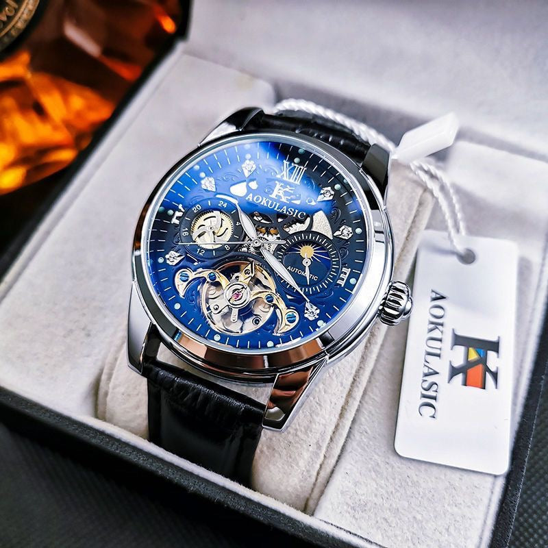 Luxury Sun-Moon-Star Skeleton Mechanical Watch, Men's Automatic Waterproof Wristwatch, Niche Design Business Leather Strap Watch
