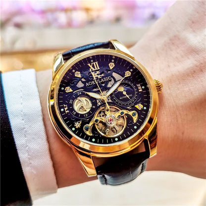 Luxury Sun-Moon-Star Skeleton Mechanical Watch, Men's Automatic Waterproof Wristwatch, Niche Design Business Leather Strap Watch