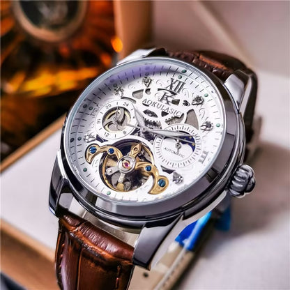 Luxury Sun-Moon-Star Skeleton Mechanical Watch, Men's Automatic Waterproof Wristwatch, Niche Design Business Leather Strap Watch