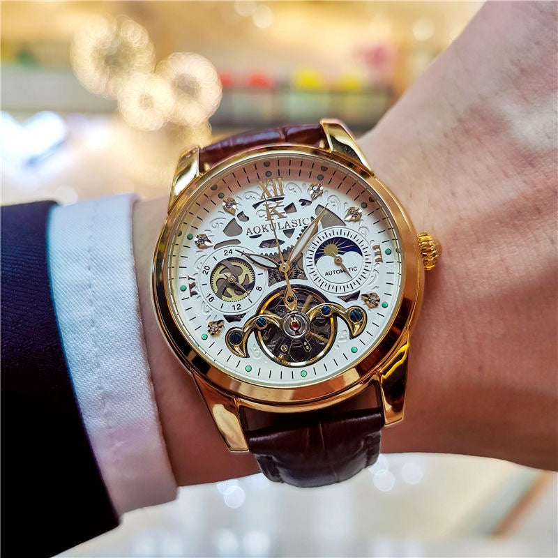 Luxury Sun-Moon-Star Skeleton Mechanical Watch, Men's Automatic Waterproof Wristwatch, Niche Design Business Leather Strap Watch