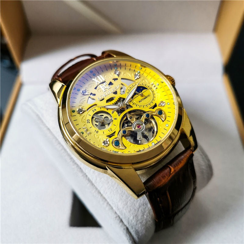 Luxury Sun-Moon-Star Skeleton Mechanical Watch, Men's Automatic Waterproof Wristwatch, Niche Design Business Leather Strap Watch