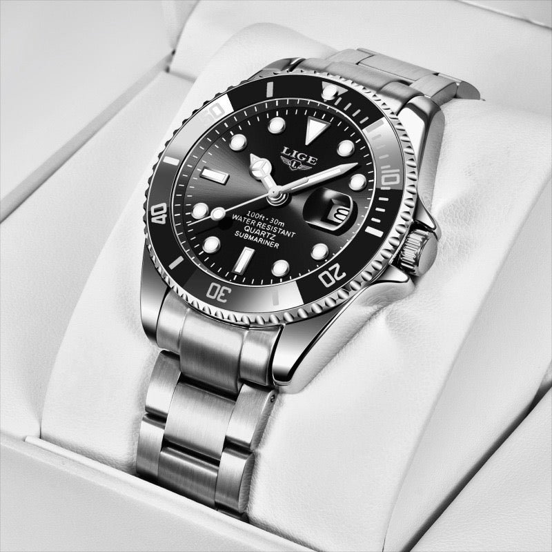 Classic Submariner Men's Quartz Watch, Waterproof Luminous Date Steel Band Wristwatch, Business Casual Versatile Diving Watch
