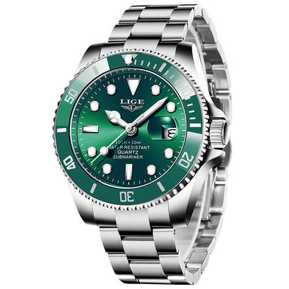 Classic Submariner Men's Quartz Watch, Waterproof Luminous Date Steel Band Wristwatch, Business Casual Versatile Diving Watch