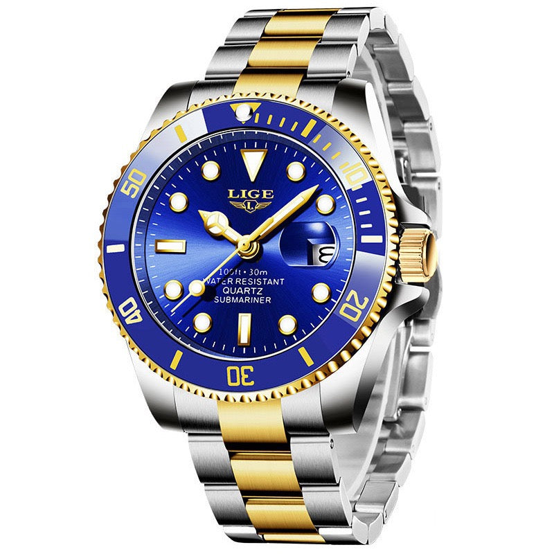 Classic Submariner Men's Quartz Watch, Waterproof Luminous Date Steel Band Wristwatch, Business Casual Versatile Diving Watch