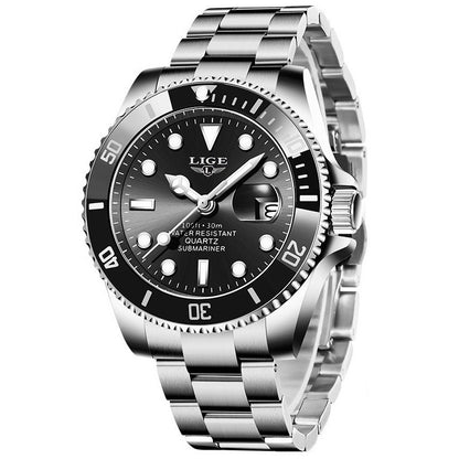 Classic Submariner Men's Quartz Watch, Waterproof Luminous Date Steel Band Wristwatch, Business Casual Versatile Diving Watch