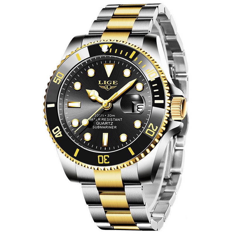 Classic Submariner Men's Quartz Watch, Waterproof Luminous Date Steel Band Wristwatch, Business Casual Versatile Diving Watch