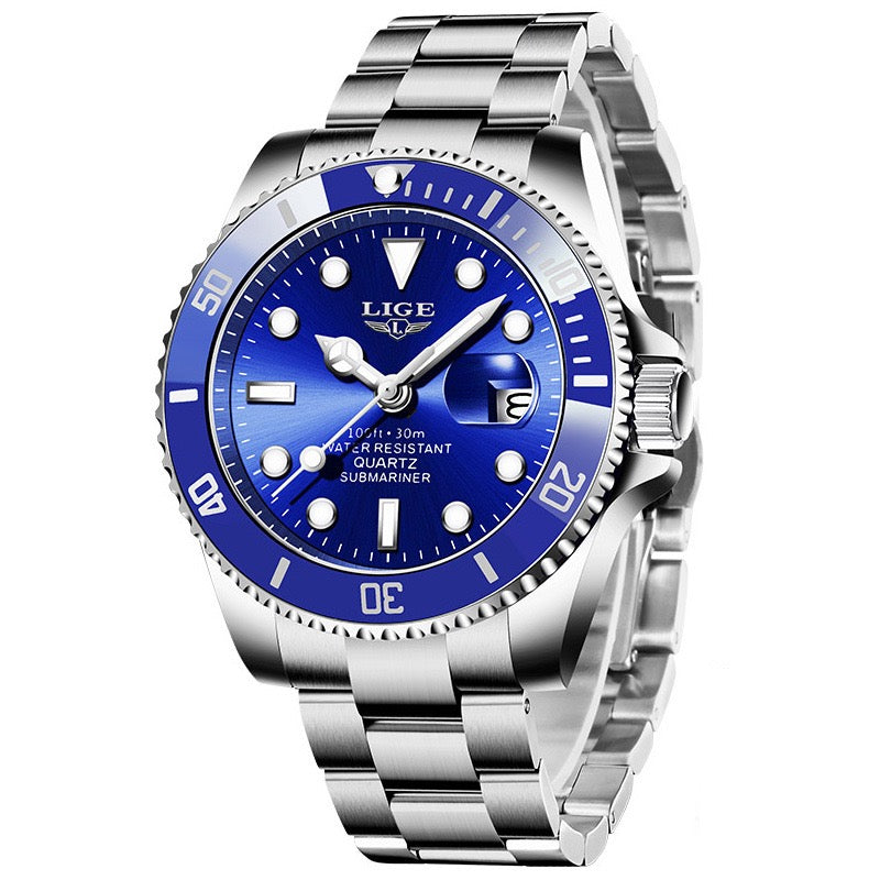 Classic Submariner Men's Quartz Watch, Waterproof Luminous Date Steel Band Wristwatch, Business Casual Versatile Diving Watch