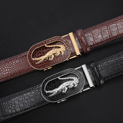 Luxury Crocodile-Embossed Men's Automatic Buckle Belt, Business Casual Versatile Genuine Leather Waist Strap, High-End Dress Trouser Belt