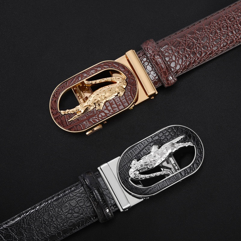 Luxury Crocodile-Embossed Men's Automatic Buckle Belt, Business Casual Versatile Genuine Leather Waist Strap, High-End Dress Trouser Belt
