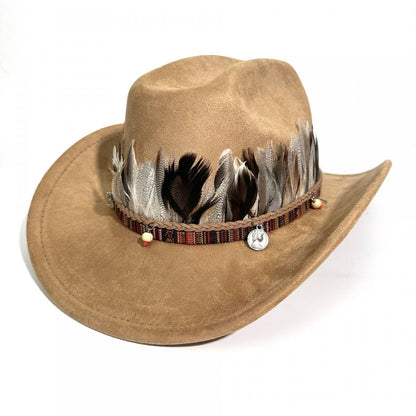 Western-Style Feather-Decorated Cowboy Hat, Retro Ethnic Suede Fedora, Outdoor Travel Sunshade Jazz Hat