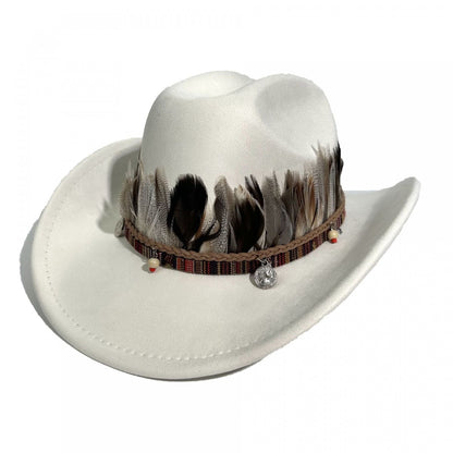 Western-Style Feather-Decorated Cowboy Hat, Retro Ethnic Suede Fedora, Outdoor Travel Sunshade Jazz Hat