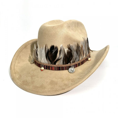 Western-Style Feather-Decorated Cowboy Hat, Retro Ethnic Suede Fedora, Outdoor Travel Sunshade Jazz Hat