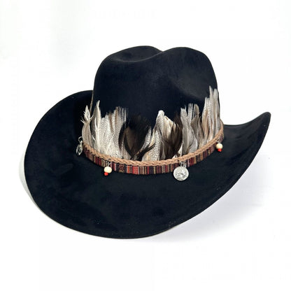 Western-Style Feather-Decorated Cowboy Hat, Retro Ethnic Suede Fedora, Outdoor Travel Sunshade Jazz Hat