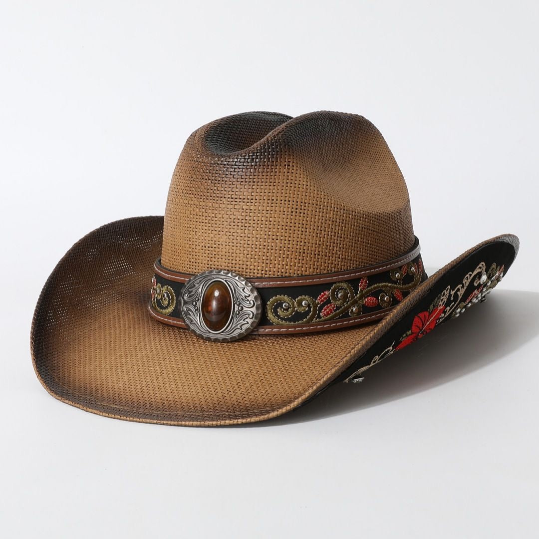 Western-Style Floral Embroidered Cowboy Straw Hat, Retro Gem-Embellished Wide-Brim Sun Hat, Outdoor Travel Vibe Fedora