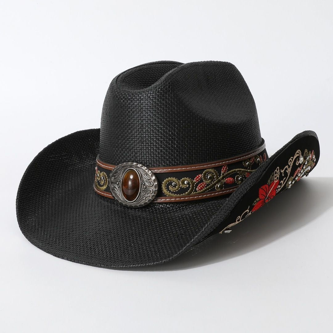 Western-Style Floral Embroidered Cowboy Straw Hat, Retro Gem-Embellished Wide-Brim Sun Hat, Outdoor Travel Vibe Fedora
