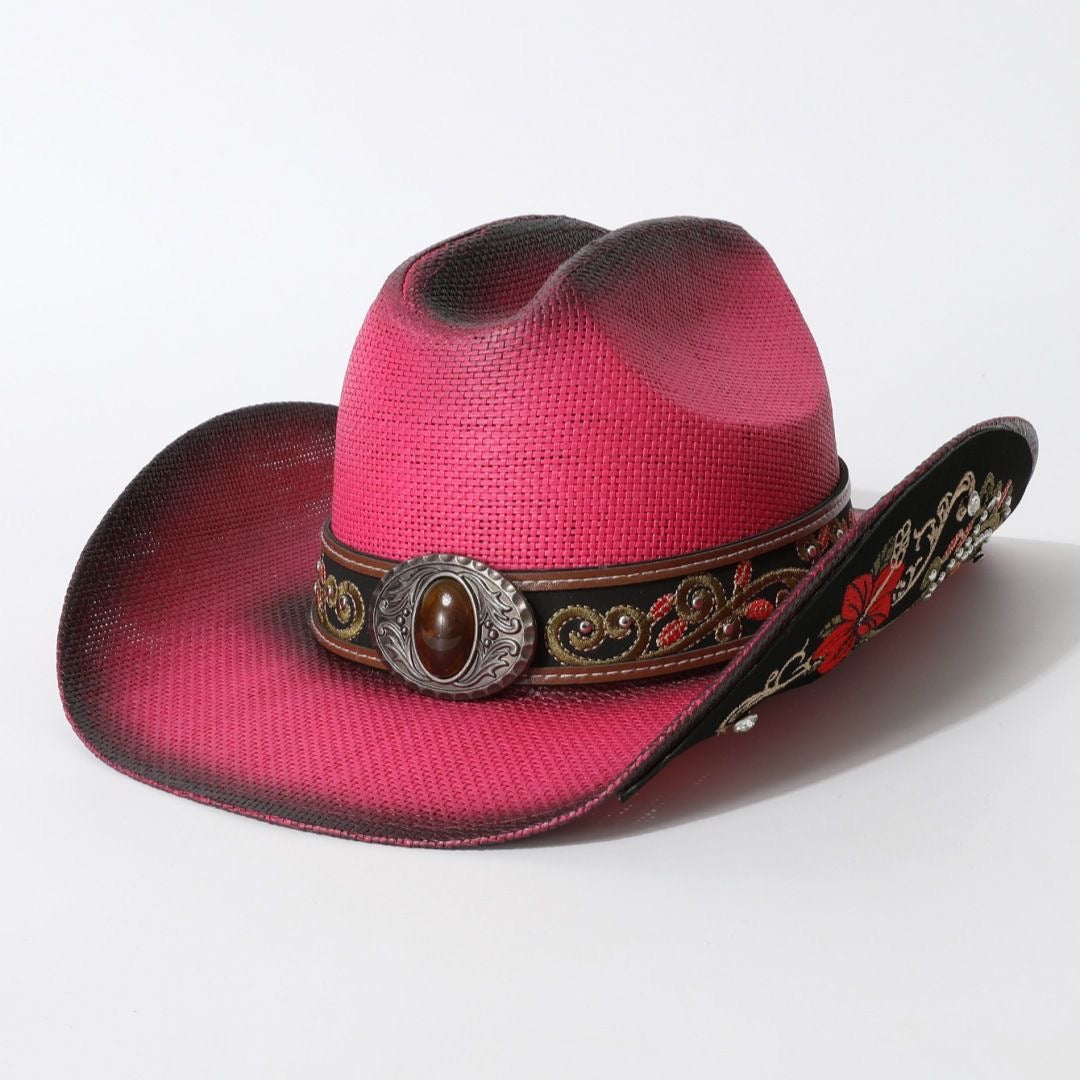 Western-Style Floral Embroidered Cowboy Straw Hat, Retro Gem-Embellished Wide-Brim Sun Hat, Outdoor Travel Vibe Fedora