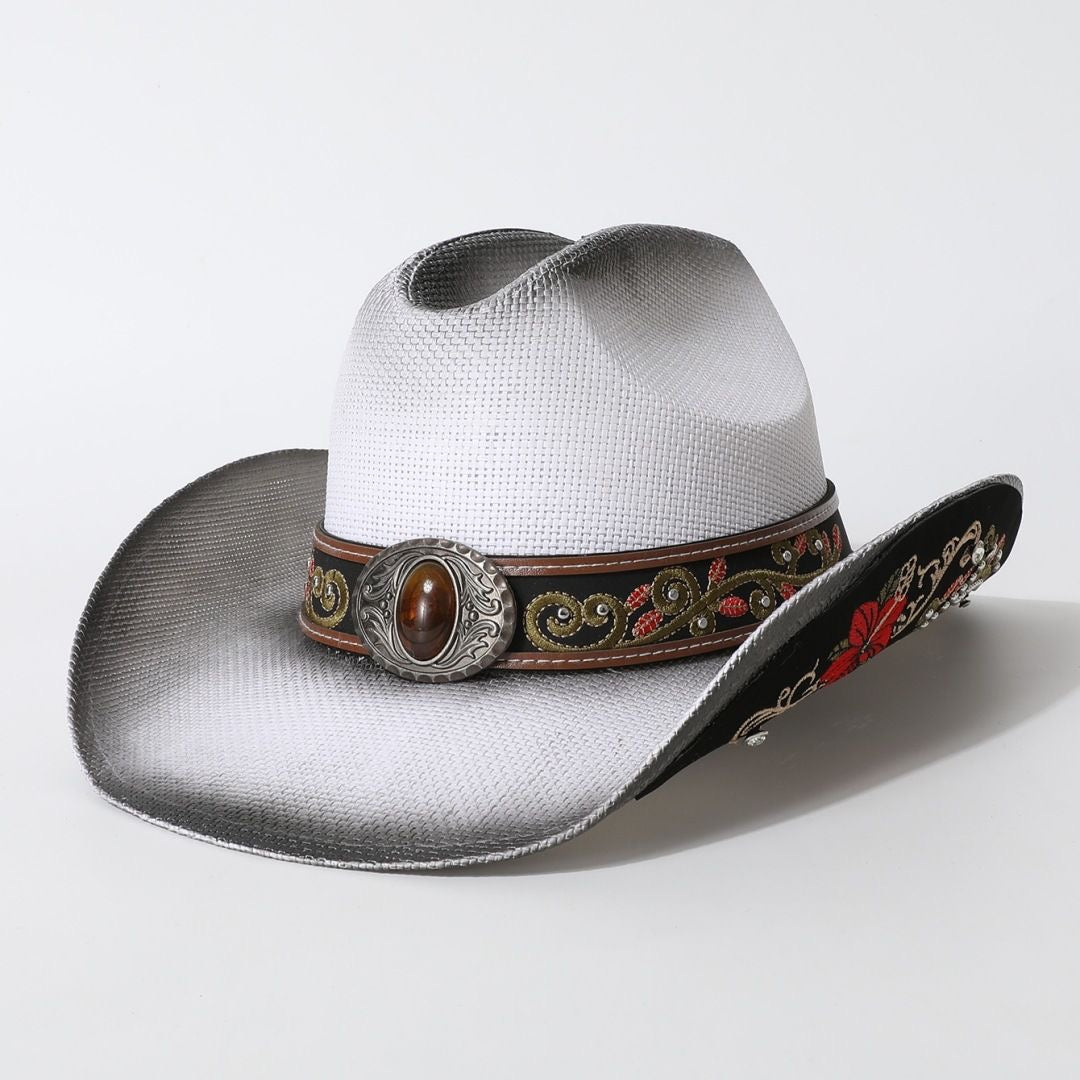 Western-Style Floral Embroidered Cowboy Straw Hat, Retro Gem-Embellished Wide-Brim Sun Hat, Outdoor Travel Vibe Fedora