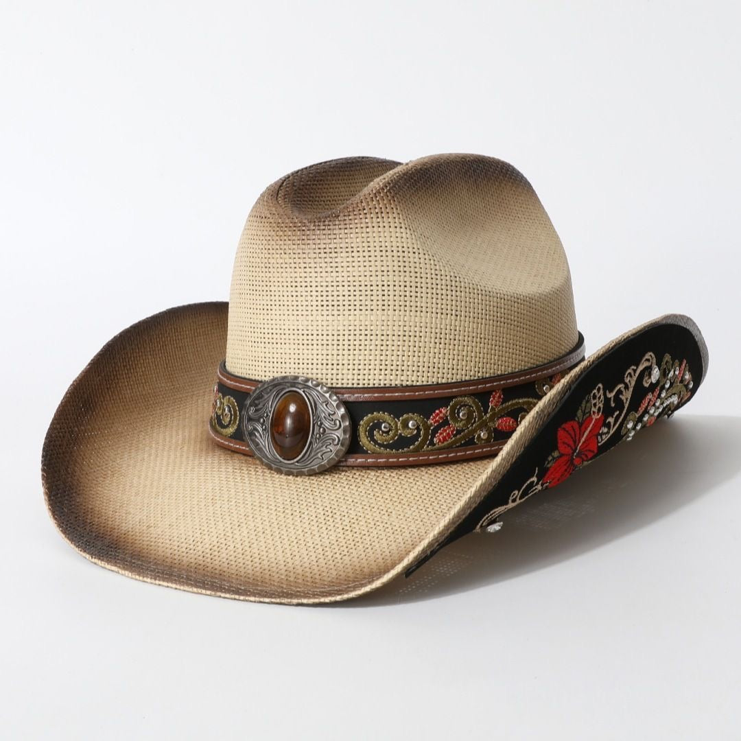 Western-Style Floral Embroidered Cowboy Straw Hat, Retro Gem-Embellished Wide-Brim Sun Hat, Outdoor Travel Vibe Fedora