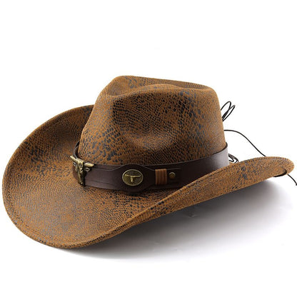 Travel Vibe Snake-Print Cowboy Hat, Outdoor Sunshade Bullhead-Embellished Wide-Brim Fedora