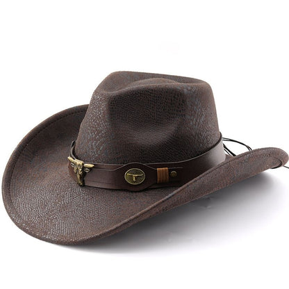 Travel Vibe Snake-Print Cowboy Hat, Outdoor Sunshade Bullhead-Embellished Wide-Brim Fedora